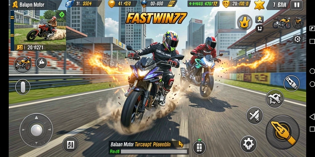 Screenshot gameplay FASTWIN77 menampilkan balapan motor yang mendebarkan.