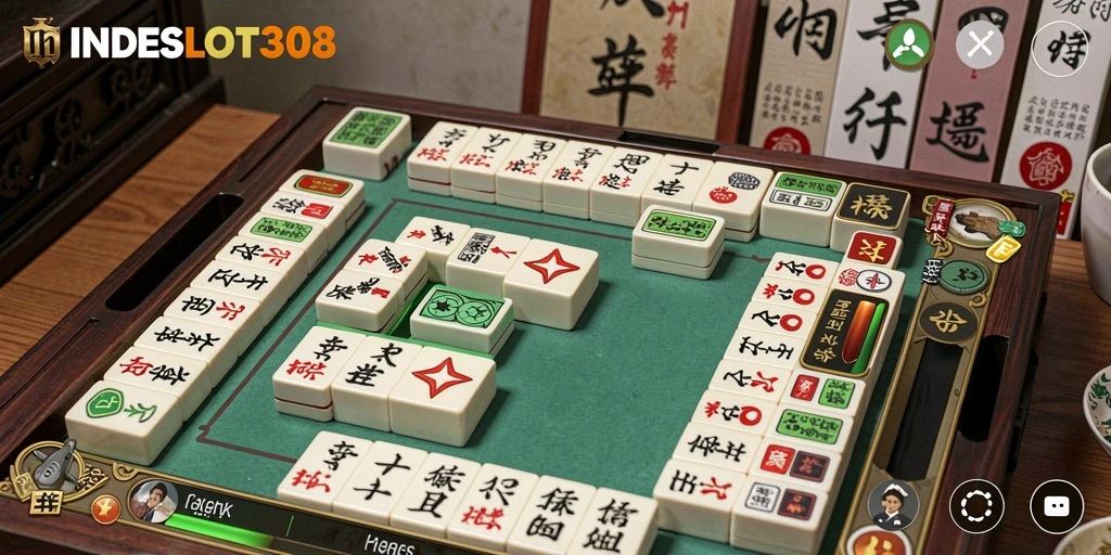 Screenshot gameplay dari INDESLOT303 dengan berbagai ubin Mahjong.