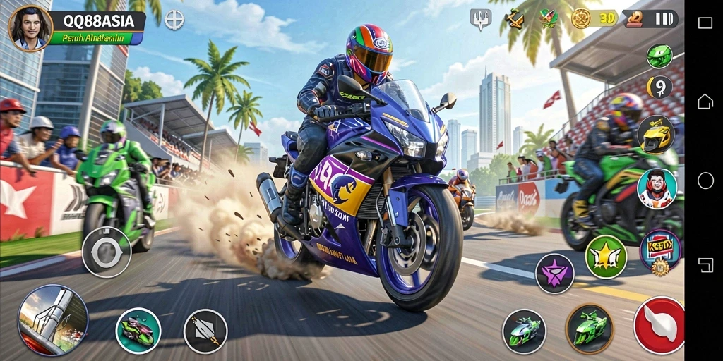 Gameplay seru QQ88ASIA dengan balapan motor menarik.