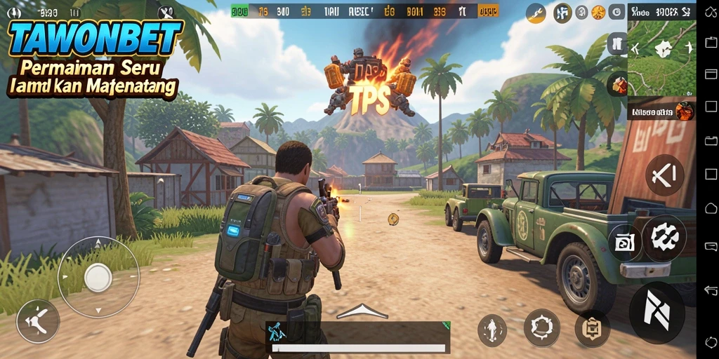 Screenshot gameplay TAWONBET menampilkan aksi penuh semangat di arena TPS.