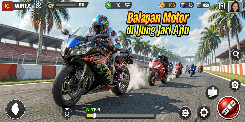 Tampilan gameplay WIN199 dengan balapan motor yang mendebarkan.